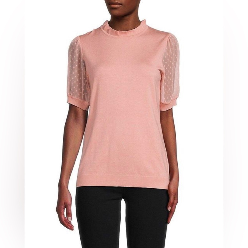 Adrianna Papell Short Sleeve Swiss Dot Blouse Color: Apricot Ice Size L